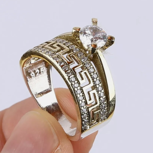 Gorgeous white Sapphire wedding set Sterling Gold & Bronze sz8.5 - Picture 5 of 12